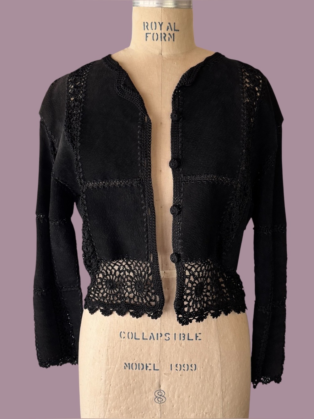 Vintage 90s Black Suede Lace Button Jacket